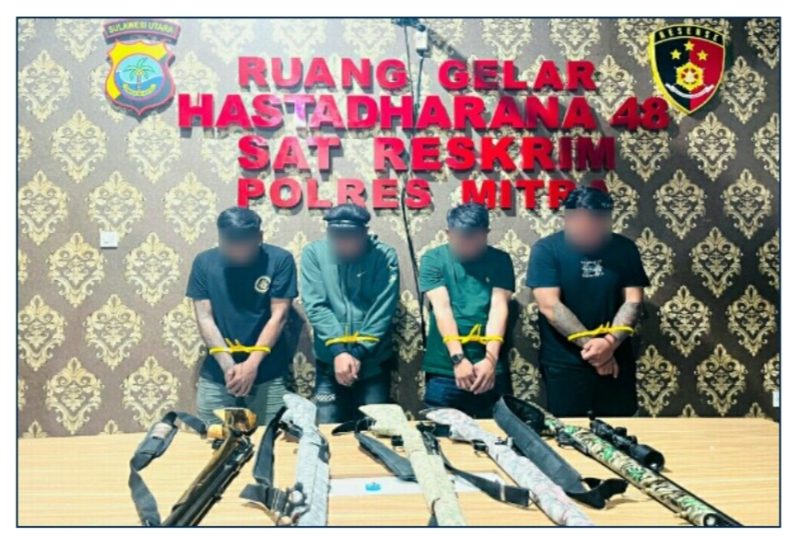 Polres Mitra menyita lima pucuk senjata angin rakitan dan mengamankan empat pria terkait unggahan bernada ancaman di media sosial